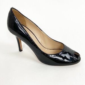 Kate Spade Giselle Oxford Patent Leather Peep Toe Perforated Trim Black Heels
